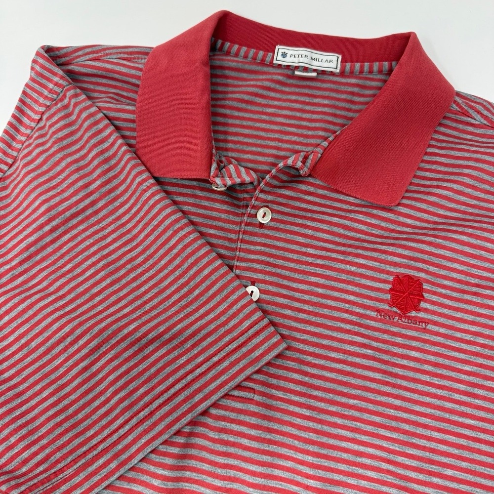 Peter Millar Polo Shirt Men's L Red Gray Stripe New Albany Country Club Logo